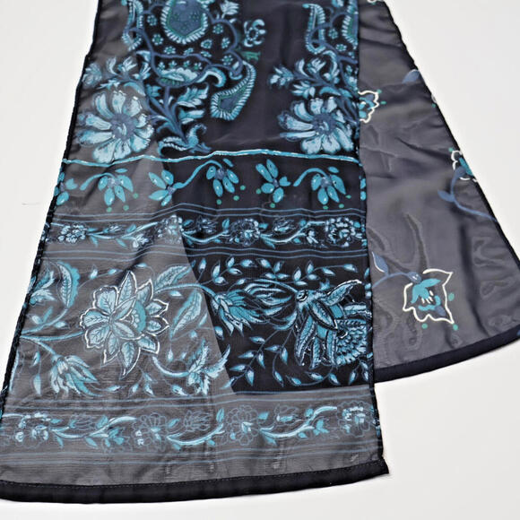 VTG Boho Black Blue‎ Floral Psychedelic Rectangle Scarf Whimsigoth Fairy Flowers - Picture 1 of 6